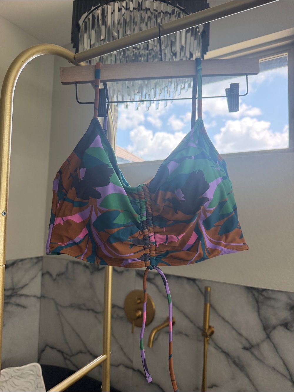 Shade & Shore Multicolor Floral Ruched Swim Bralette - Purple Green Brown